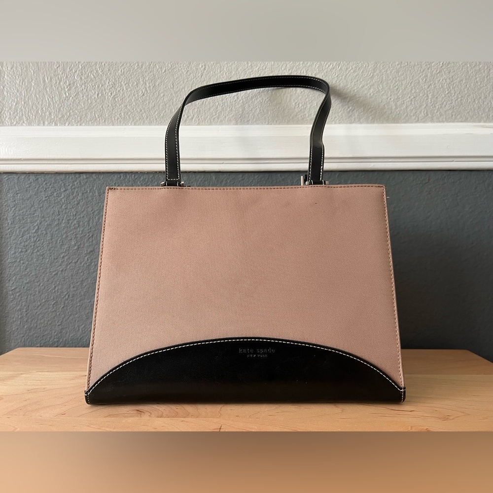 Kate Spade Vintage Black Leather and Tan Canvas Purse Medium